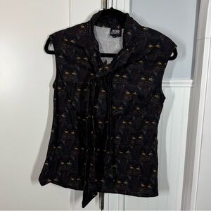 Unique Vintage Retrolicious Black Cat Sleeveless Bow Blouse Top cotton medium